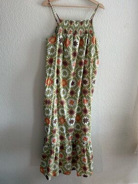 Universal Thread Olive Green Floral Maxi Dress with Orange and White Pattern